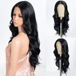 Style Icon Wig 28 Inch Lace Front Wig Synthetic Long Water Wave Wigs Pre Plucked Baby Hair Central Parting (1B)