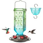 Kingsyard Glass Hummingbird Feeder for Outdoor Hanging, 24 Ounces, 6 Feeding Ports, Bird Nectar Feeder for Garden Décor, Ant Moat Included, Green & Blue