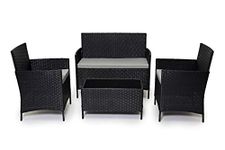 EVRE Black Rattan Garden Furniture Set Patio Conservatory Balcony Indoor Outdoor 4 Seater Piece Glass Top Coffee Table Modular Sofa Loveseat with Cushions