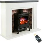 Endeavour Fires Farlington Electric Fireplace, Black Log Burner Stove in 48’’ Off White Surround, LED Downlights with Remote Control (Grey Top/Rustic Brick)