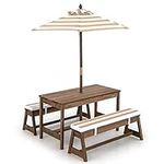 COSTWAY Kids Picnic Table, Children Wood Table and Bench Set with Cushions, Adjustable Umbrella, Garden Furniture Parasol for Girls Boys (Coffee)