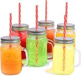 ZEPOLI - Glass Mason Jar with Multi-Color Air-Tight Lids with Straw Mugs with Handle, Regular Mouth for kitchen - 500 ML (6 PACK)