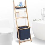 Wall Leaning Ladder Shelf with Towel Linen Storage Hamper Basket - Freestanding 4-Tier Natural Bamboo Stand Modern Home Organizer Rack for Living Room, Bathroom, Laundry 17'' x 13'' x 55''