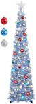 SINTENILL 5 FT Pop Up Christmas Tree with Timer Lights and Decorations, Silver Tinsel Christmas Tree with 24 Ball Ornaments, Collapsible Artificial Pencil Christmas Tree for Home, Apartment, Party