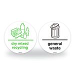 1 Set of Recycling Bin Signs - 95mm Waterproof Indoor/Outdoor Stickers - Wheelie Bin Waste Containers Signs - Dry mixed recycling/General Waste stickers