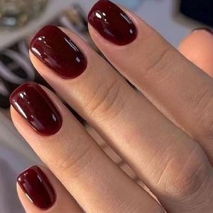 Modelones Press on Nails, Dark Red Short Square Fake Nails, Reusable Nail Kit with Nail Glue Adhesive Tabs Mini Nail File, Nails Press Ons 32Pcs16 Sizes, Women Girl Gift