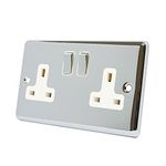 AET CPC2GSOCWC Polished Chrome Classical 2 Gang White Insert Metal Rocker Switches-13 Amp Double Plug Socket