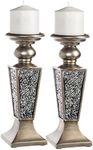 Creative Scents Schonwerk Pillar Candle Holder Set of 2 - Crackled Mosaic Design - Coffee Table Decor - Decoration Centerpiece for Living Room or Dining Room - Best Wedding Gift (Silver)