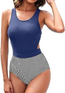 Tempt Me Blue Stripe One Piece Swimsuits Tummy Control Cutout Bathing Suit for Teen Girls Zip Up Monokini XL