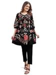 Womanista Women's Black Colour Linen Multi Thread Embroidery Flared Tunic with Trouser coord Set(Co-ords_9072_L)