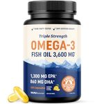 Triple Strength Omega 3 Fish Oil | 3600 mg EPA & DHA | Over 2100mg of Omega-3 Fatty Acids | Heart and Cognitive Support | 1300mg EPA + 860mg DHA | Premium Burpless Softgel (120 Ct)