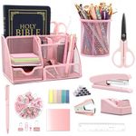 12 in 1 Pink Desk Organizers and Accessories Set, Pink Gifts for Coworkers, Pink Office Supplies Include Pink Stapler Pen Holder Tape Holder Staples Scissors Ruler Staple Remover for Home School