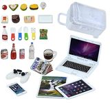 Nuanmu 27 Pieces Dollhouse Mini Laptop Tablet and Smart Phone Newspaper Book Miniatures Hamburger Cake Coffee Juice Trolley case DIY Play Game Party Toys Accessories (White Set)