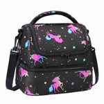 OPPOSHE Cute Large Kids Lunch Bag, Insulated Leakproof Cooler with Double Compartments, Water-Resistant & Easy Cleaning Fabric, Adjustable Strap, for Boys and Girls (Black + Unicorn, 9.8"×6.7"×8.3")