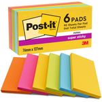 Post-it Super Sticky Notes Carnival Color Collection, Pack of 6 Pads, 90 Sheets per Pad, 76 mm x 127 mm, Yellow, Blue, Green, Pink, Orange Colors - Extra Sticky Notes For Note Taking & To Do Lists