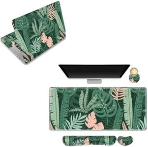 AIMSA Laptop Skin Sticker Decal, 15.6" Universal Vinyl Cover and Large Gaming Mouse Pad Set, Keyboard Wrist Rest Support Mouse Pad Green Leaves