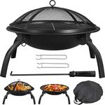 Yaheetech Fire Pit Portable Folding Fire Pits with Cooking & Grill, Iron Fire Pits for Garden Portable Fire Bowl for Camping Bonfire/BBQ/Heating with Carrying Bag, Black