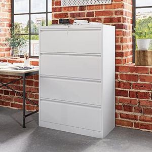 YITAHOME 4 Drawer Metal Lateral Filing Cabinet, Stainless Steel Wide Lateral File Cabinet with Lock for Legal/Letter A4 Size, Assembly Required，Office Organizer Storage Cabinet (White)