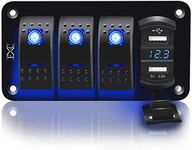 Purishion 3 Gang Rocker Switch Aluminum Panel with Voltmeter & Dual USB(4.8 Amps) Fast Charging, Blue Backlit Led, Pre-Wired IP65 Waterproof for Marine, Boat, Car, Truck, Polaris, Jeep (Blue)