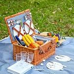 Hand-Woven Wicker Picnic Basket for 4, with Insulated Cooler Bag, Tableware Sets and Waterproof Picnic Blanket, Best Gift Choice for Birthday, Anniversary or Christmas