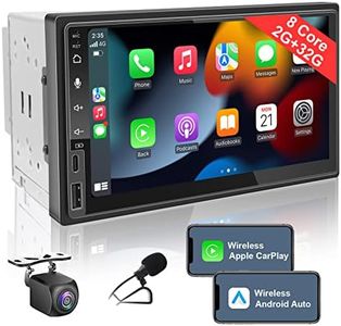 7 Inch Android Double Din Car Stereo Wireless CarPlay & Wireless Android Auto,2+32G Touchscreen Car Radio Receiver with Dual Bluetooth,Live Rearview Camera,AM/FM/RDS, Type C Fast Charge,DSP/Subw
