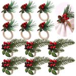 12 PCS Christmas Napkin Rings Set, Kalolary Xmas Napkin Buckles Set Red Berries Napkin Holders Pine Cones Needles Napkin Holders Wooden Tableware Supplies for Christmas Holiday Dinner Table Decoration