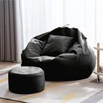 Kushuvi Filled Bean Bag with Footstool & Cushion | Ready to Use Faux Leather Bean Bag Chair Filled with Beans (Black, XXXL)