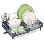 SAYZH Dish Drainer Rack, Kitchen Dish Drying Rack, Expandable(33.5 CM-50 CM) Stainless Steel Sink Organizer Dish Rack and Drainboard Set with Utensil Holder Cups Holder for Kitchen Counter(Grey)