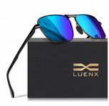 LUENX Rectangular Aviator Polarized Sunglasses for Men Women 59mm Mirrored Dark Blue Lens Square Metal Black Frame Spring Hinge