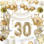 30th Birthday Decorations, Gold 30th Birthday Decorations for Men Women Gold White Balloons HAPPY BIRTHDAY Banner Number 30 Balloons Crown Star Heart Balloons HAPPY 30th BIRTHDAY Cake Topper