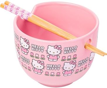 Silver Buffalo Hello Kitty Face and Standing Logo Pattern Ceramic Ramen Bowl with Chopsticks, 20 Ounces