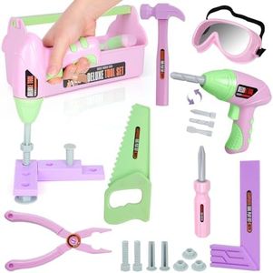 EP EXERCISE N PLAY 18 Pieces Kids Tool Set Pretend Play Construction Tool Accessories with a Tool Box Including Toy Electric Drill (Pink)