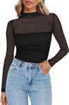 Zeagoo Women's Sexy Mock Turtle Neck Long Sleeve Tops Sheer Mesh Ruched Trendy Going Out Shirts Blouse Black