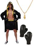 Adult Men Boxing Costume Heavyweight World Champion Boxer Includes Robe, Necklace, Boxing Gloves and Shorts, Black, One Size