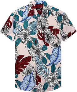 DOKKIA Men's Casual Tropical Floral Short Sleeve Luau Beach Aloha Hawaiian Shirt, Palm Leaves Beige Teal Blue, Small