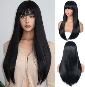 Aida ble Black Wig with Bangs for Women Long Straight Black Wig Heat Resistant Synthetic Wig for Girls Daily Use Party Halloween Cosplay Wig 24inch