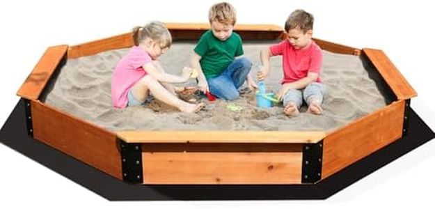 FUNTOK 85''x85''x9'' Octagon Sandbox for Kids, Large Natural Wooden Sandpit with 4 Benches, Bottom Liner, PVC Cover, 198 Lbs Weight Capacity, Sand Box for Backyard, Patio, Outdoor Play