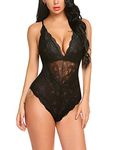 Avidlove Women Black Lace Bodysuit One Piece Babydoll Mini Teddy V Neck Lingerie