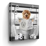 Funny Dog Sitting in Toilet Bathroom Decor Wall Art Black and White Dog Pictures Farmhouse Bathroom Animals Painting for Toilet Bathroom Dog Artwork Framed 16"x20"