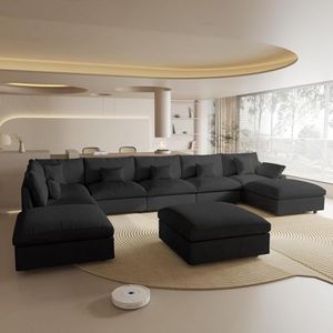 Cloud Couch for LivingRoom,190" U Shaped Modular Sectional Sofa with Ottoman,Down Filled 9 Seater Convertible Sleeper Sofa Bed Oversized Furniture Sets, Black