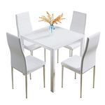 Jooli Glass Table and Chairs Set 4, 75cm Square Table with 4 Faux Leather High Back Chairs Modern Dining Room Sets for Home Kitchen Office, White