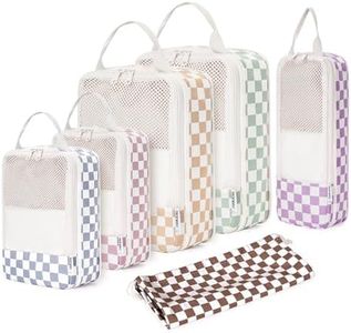 Narwey 6 Set Compression Packing Cubes for Backpack and Suitcases, Travel Organiser Packing Bags for Carry on Hand Luggage Travel Essentials Bag for Women and Girls (Checker Combined)