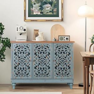 PHI VILLA Accent Cabinet with Doors - Sideboard Buffet Cabinet Distressed Cupboard Cabinet for Living Room/Dining Room/Hallway, Blue Storage Cabinet