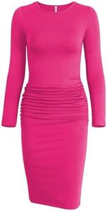 Missufe Long Sleeve Ruched Casual Sundress Women's Knee Legnth Bodycon Sheath Dress (Rose Red, Small)