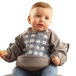 Bibetta Ultrabib - Weaning bib with sleeves - Premium Neoprene for Comfort - Waterproof Baby bibs with Crumb Catcher Pocket for Feeding Toddler & Babies - Roll Up and Machine Washable (Grey Elephants)