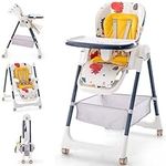 Maxmass Folding Baby Highchair, Convertible Infant Feeding Chair with Double Removable Tray, 5-Point Harness & Wheels, Adjustable High Chair for 6-36 Months (White w/Dinosaur Pattern)