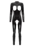 Lorilida Women Sexy Open Chest Bodysuit Lingerie Clubwear Patent Leather Zipper Back Latex Catsuit Black Large