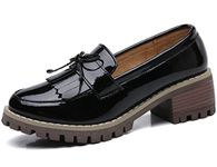 DADAWEN Women's Classic Tassel Slip-On Platform Mid-Heel Square Toe Oxfords Dress Shoes Black US Size 7