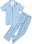 Arshiner Pajamas for Girls Short Sleeve Long Pants Outfit 2 Piece Sleepwear Button Pjs Sets Blue 12-13 Years