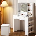 SogesHome Makeup Vanity Desk Set with Mirror and Drawer,White Dressing Table with Power Outlet & Three Level Storage Shelves,Girls Small Makeup Table and Stool Set for Bedroom